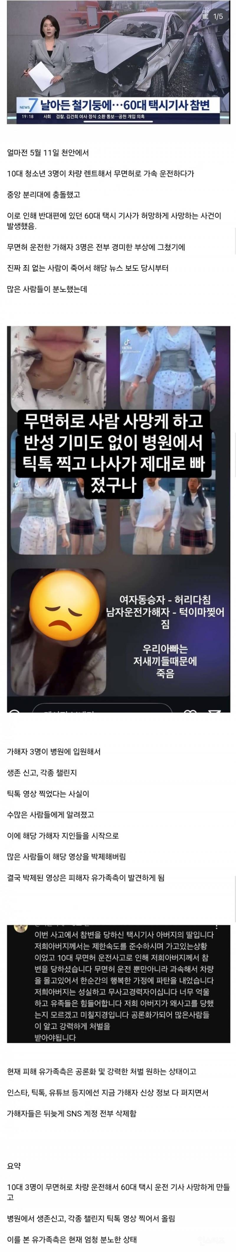 분노주의)택시기사 죽인 10대 가해자들, 병원서 틱톡 챌린지 찍고 춤추고 
