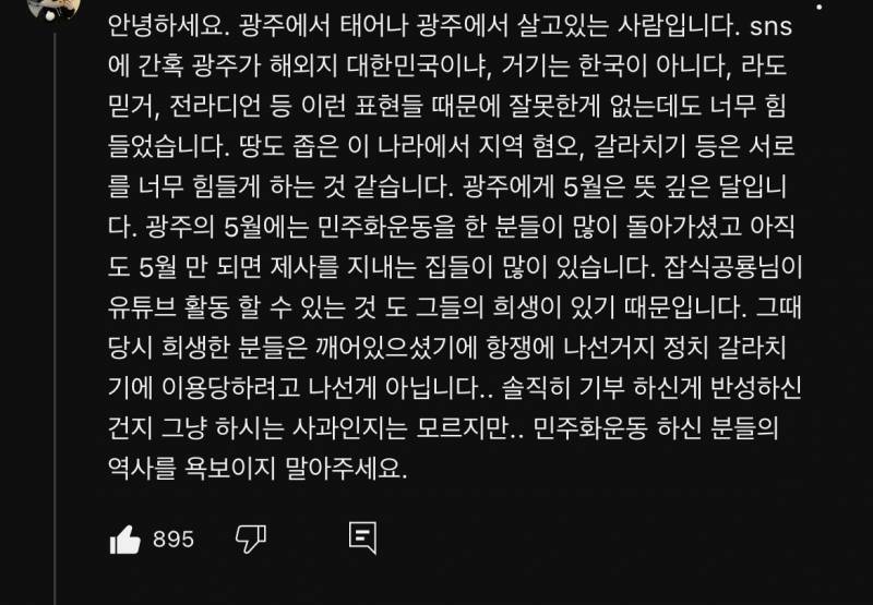 잡식공룡 기부 인증 게시글에 달린 광주 시민의 댓글
