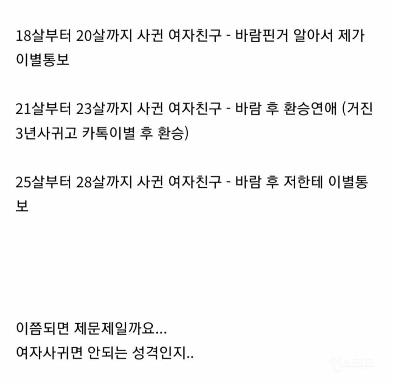 연애 3번 다 상대방이 바람펴서 헤어졌는데 제 문제일까요?